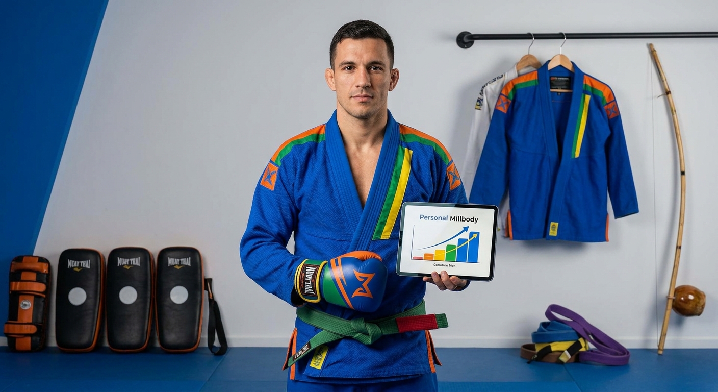 Instrutor de artes marciais utilizando o Personal Millbody para organizar planos de evolução