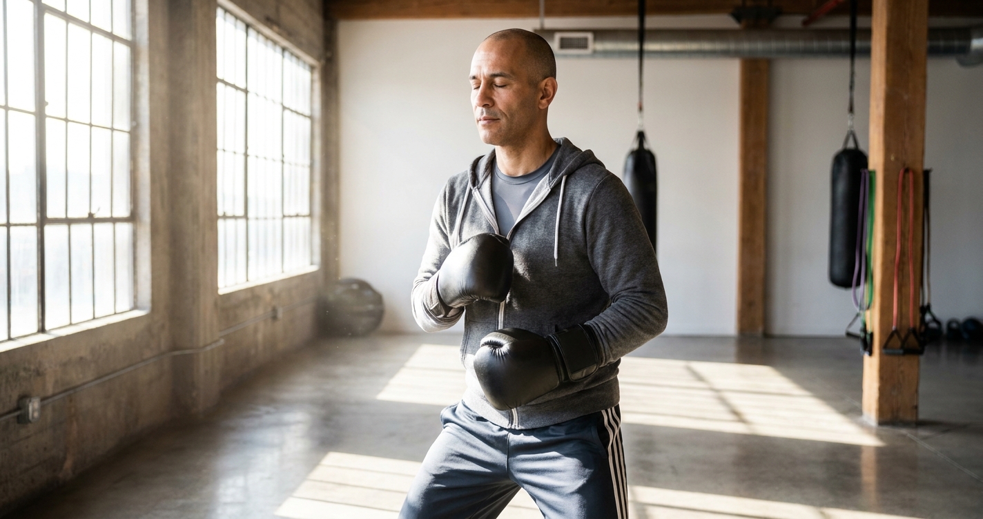 Boxe e Meditação em Movimento — Personal Millbody Instrutor de boxe realizando meditação em movimento com pausa ativa em estúdio com luz natural