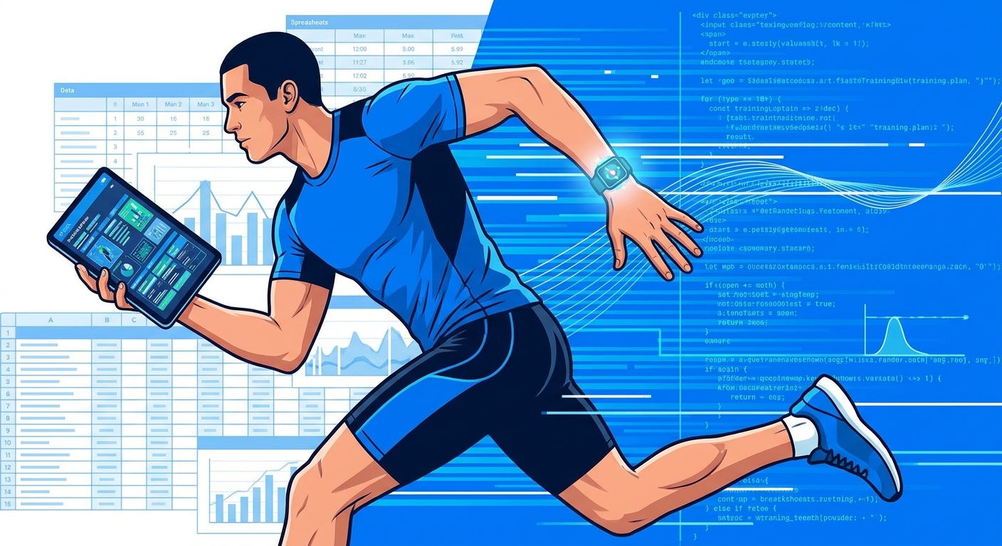 Coach de corrida utilizando aplicativo Personal Millbody com planilha de treino digital ao fundo