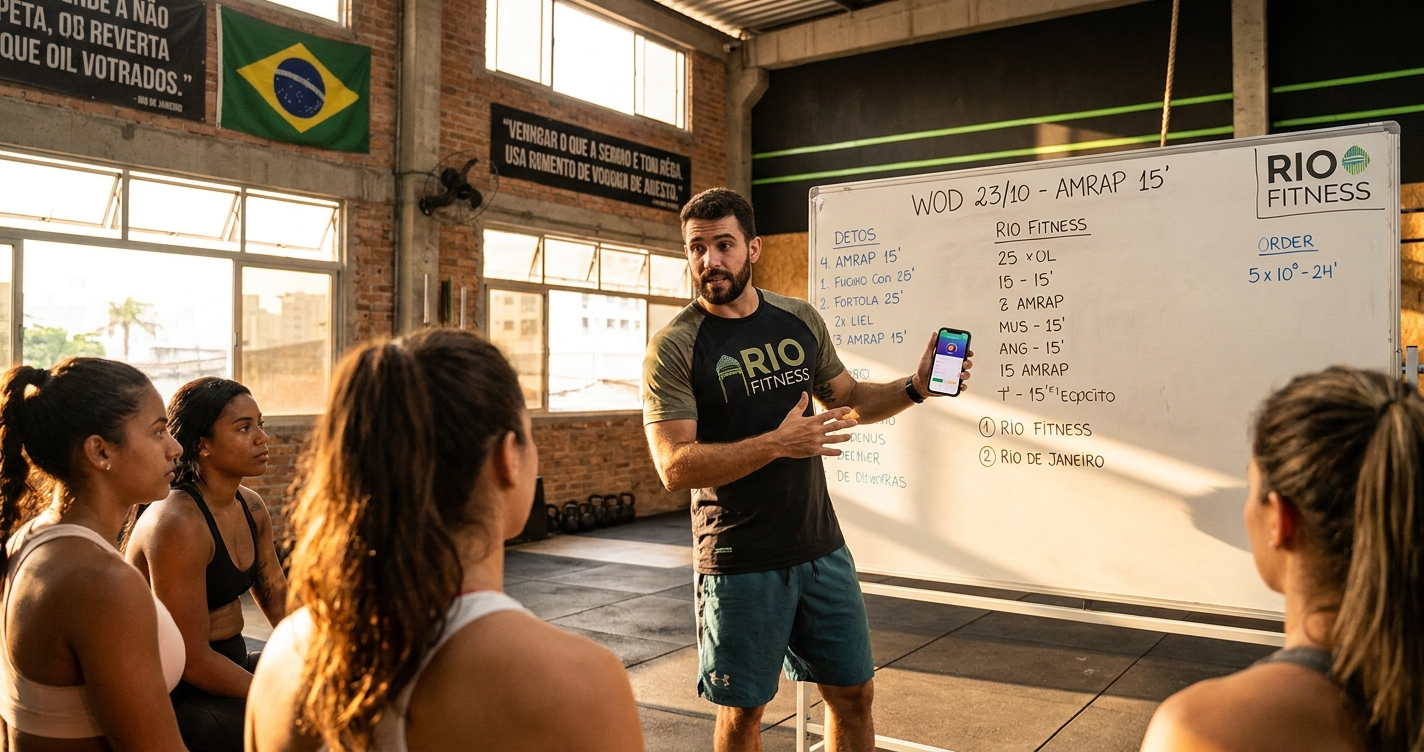 Treinador de Cross Training explicando WOD no quadro branco enquanto usa aplicativo no tablet, em um box de treino funcional