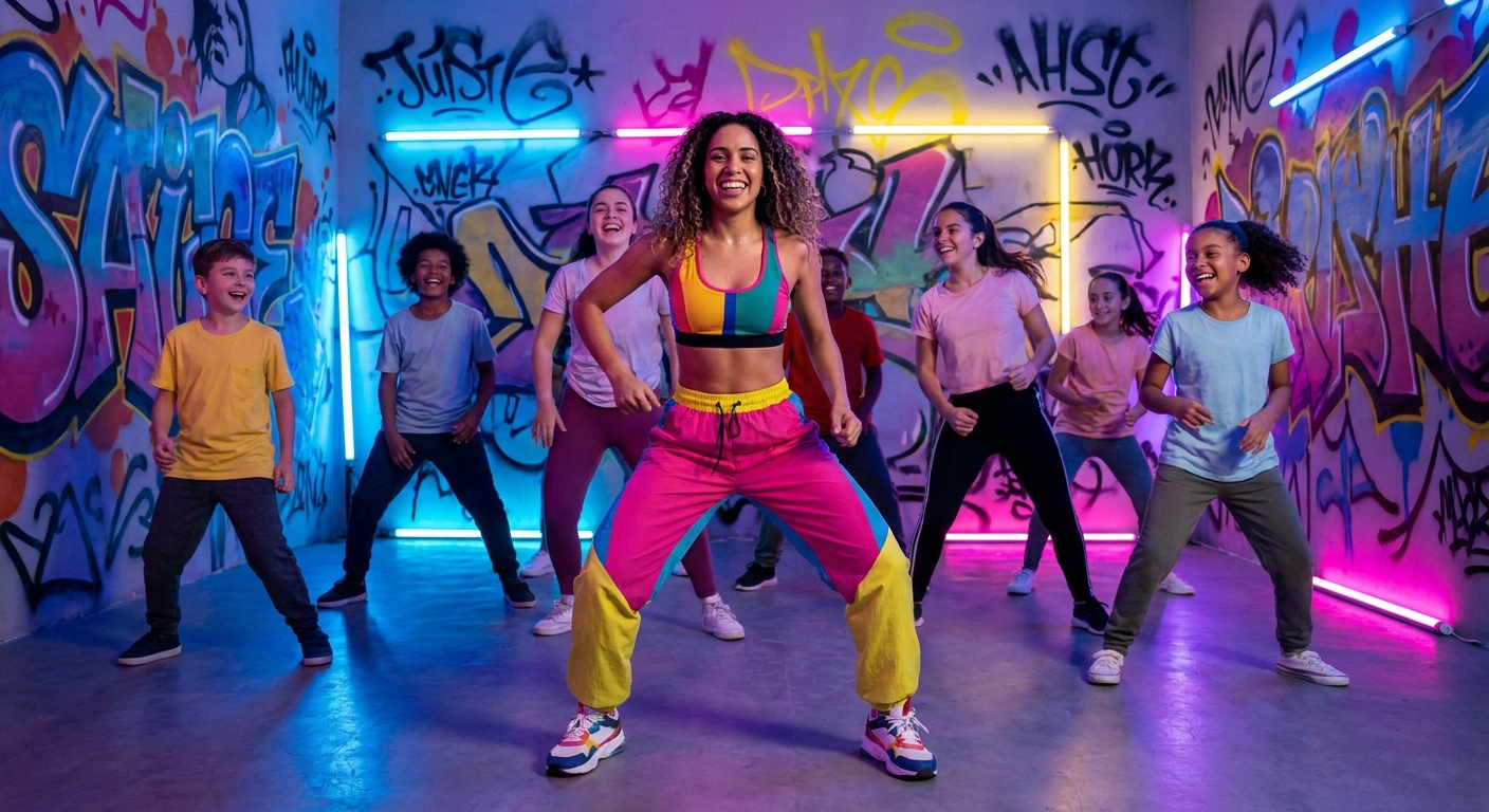 Professor de dança urbana explicando isolamento para alunos jovens em estúdio vibrante