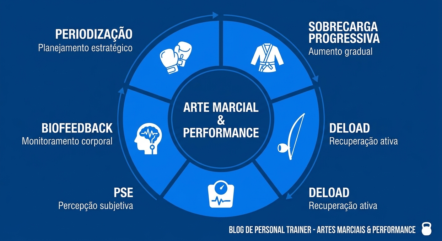 Infográfico circular com os principais termos do glossário artes marciais: periodização, sobrecarga progressiva, deload, PSE e biofeedback