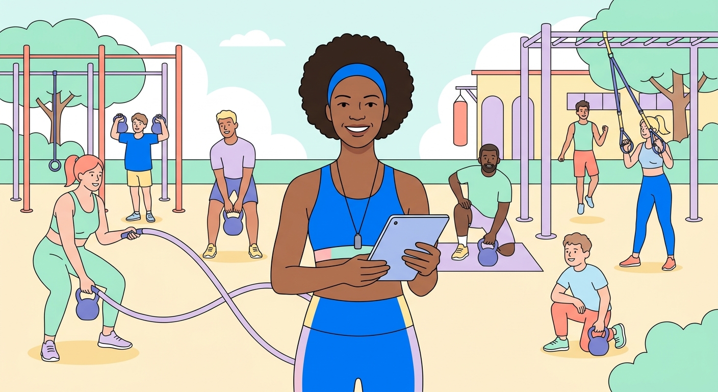 Coach de mentalidade fitness orientando alunos em treinamento funcional ao ar livre