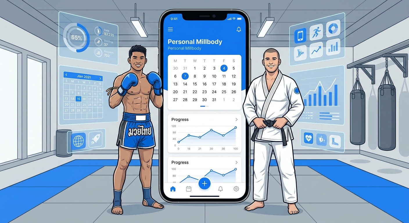 Instrutor de artes marciais usando o app Personal Millbody ao lado do tatame
