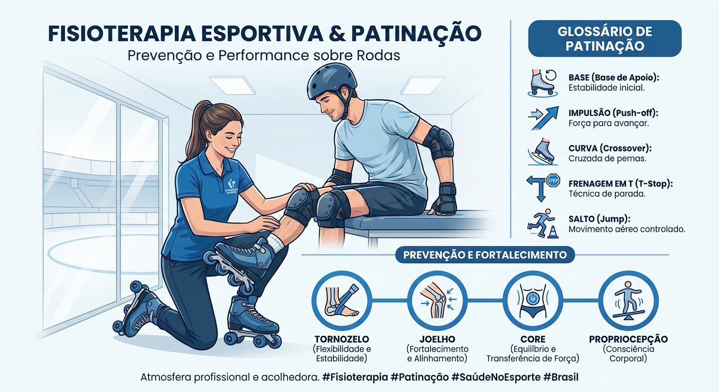Fisioterapia esportiva na patinação: glossário visual de termos técnicos, biomecânica e prevenção de lesões