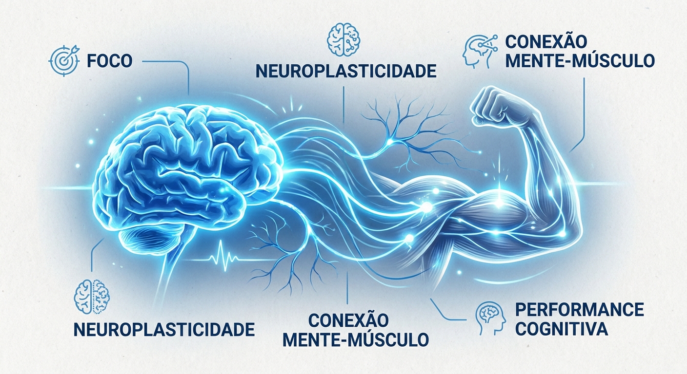 Performance Cognitiva na Musculação — Guia para Personal Trainers Infográfico conectando cérebro e músculo com os conceitos de foco, neuroplasticidade e conexão mente-músculo