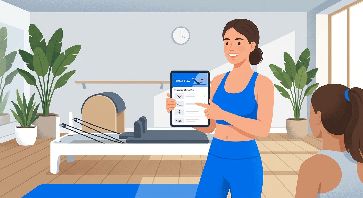 Professor de Pilates usando plataforma digital para sequências guiadas com níveis de dificuldade – Millbody