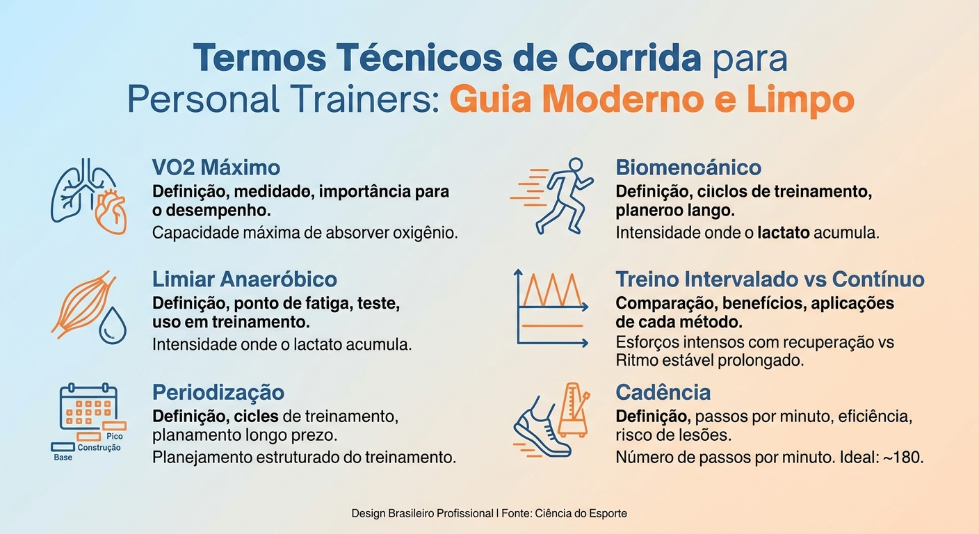 Infográfico com termos técnicos essenciais para coach de corrida: VO2 máximo, limiar anaeróbico, periodização, treino intervalado e cadência