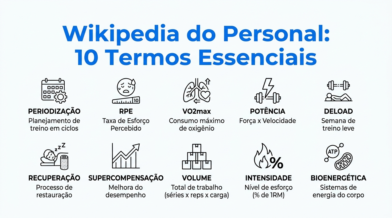 Infográfico com os 10 termos essenciais que todo preparador de atletas precisa saber: periodização, RPE, VO₂max, limiar de lactato, potência, deload, recuperação e monitoramento de performance