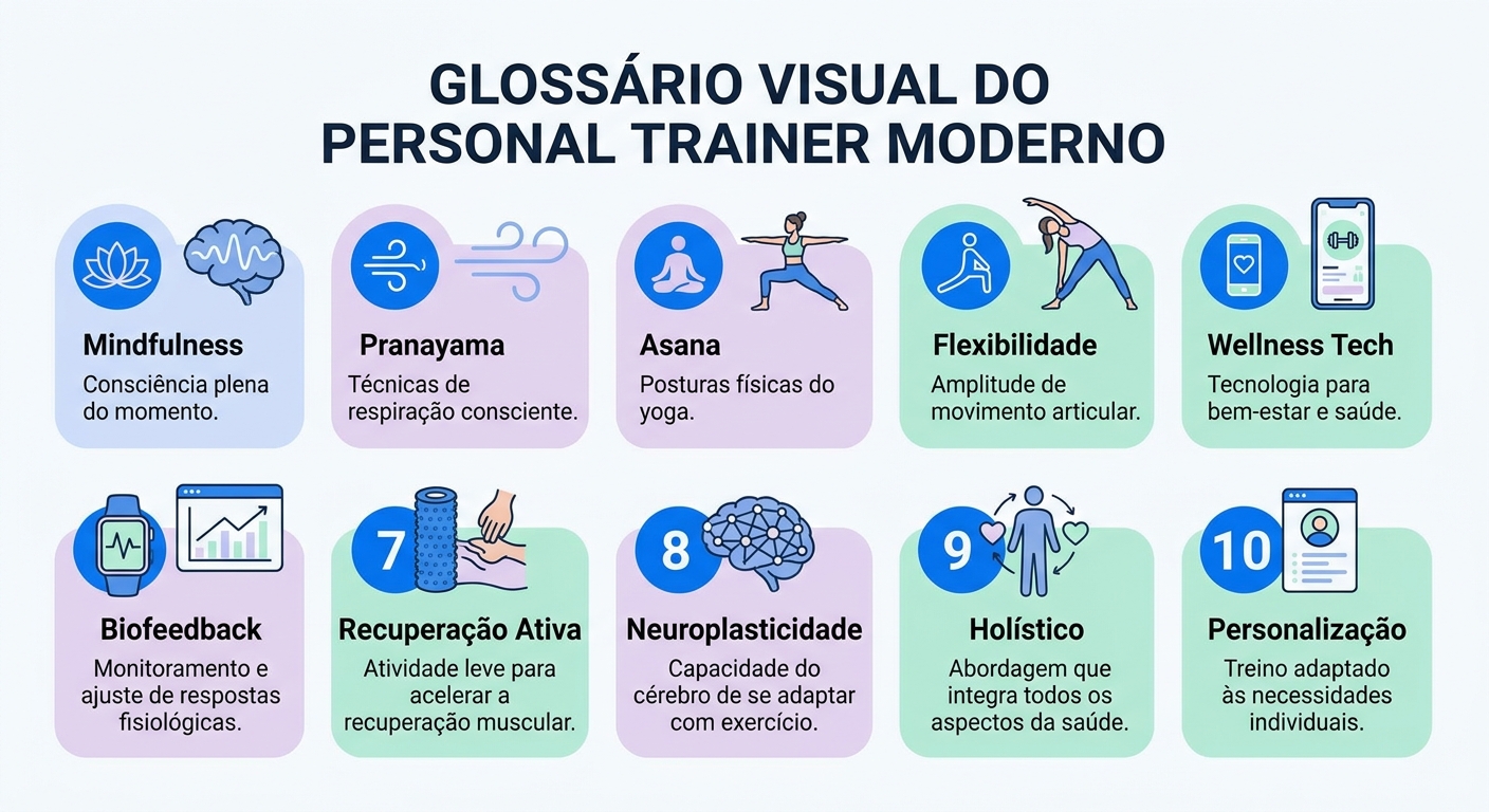 Infográfico com glossário visual de 10 termos para personal trainer de yoga e mentalidade fitness