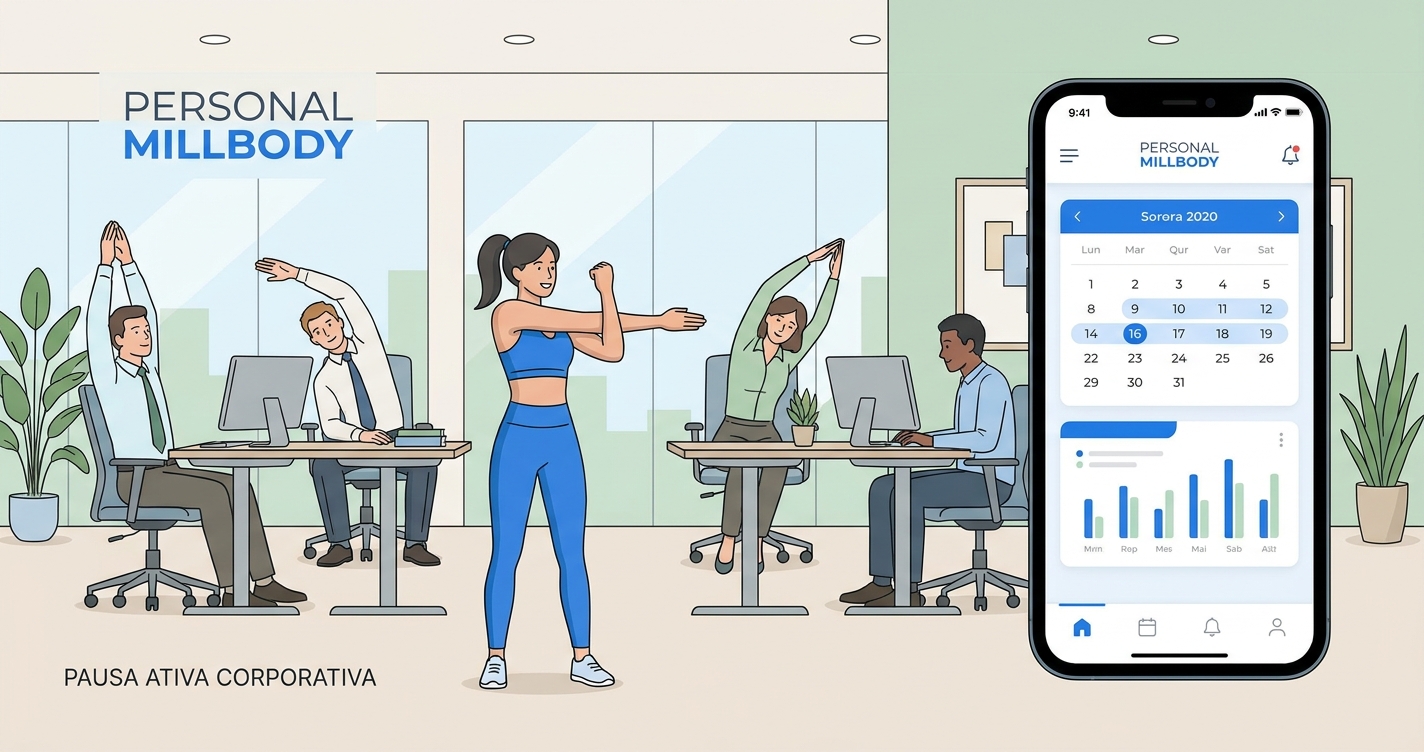 Treinadora corporativa conduzindo pausa ativa em escritório com funcionários ao lado do mockup do app Personal Millbody