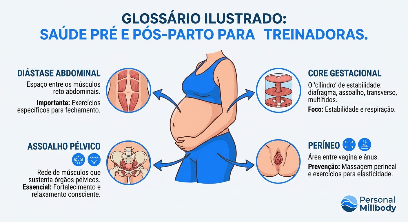 Glossário ilustrado com termos de diástase abdominal, assoalho pélvico, core gestacional e períneo para treinadoras pré e pós-parto