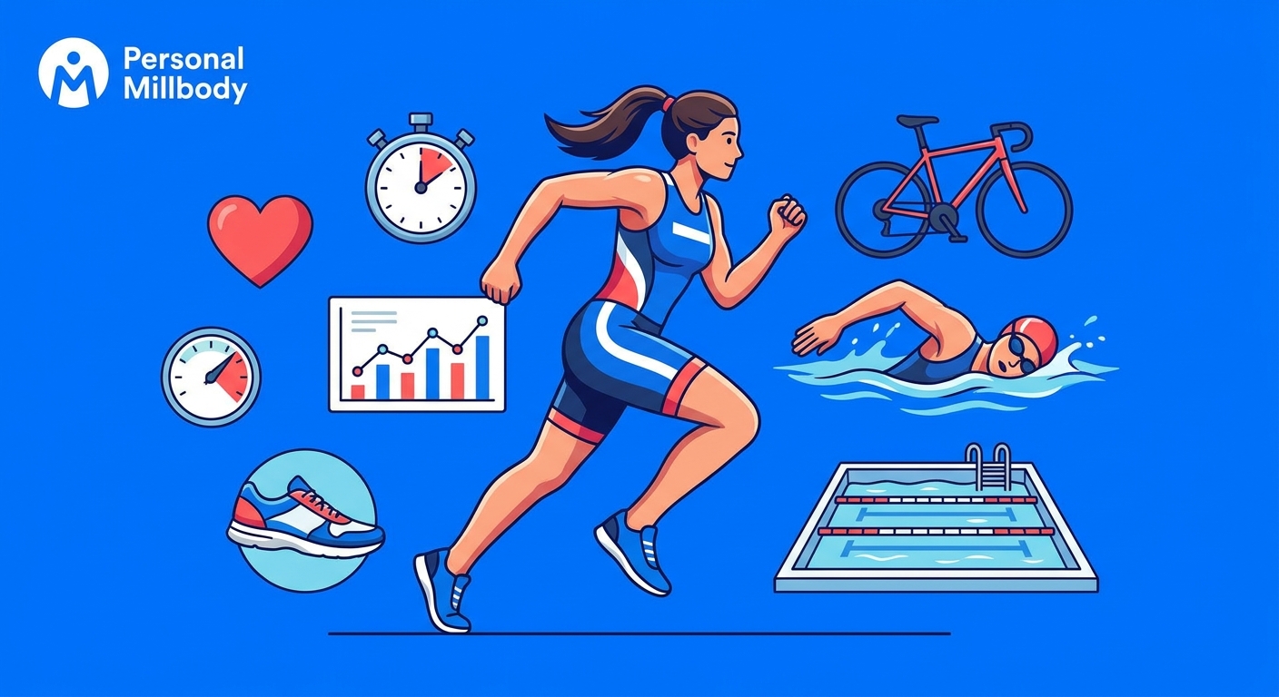 Triatleta feminina cercada por ícones de conceitos como coração, cronômetro e gráfico de desempenho — ilustração de abertura do glossário de triathlon para personal trainer