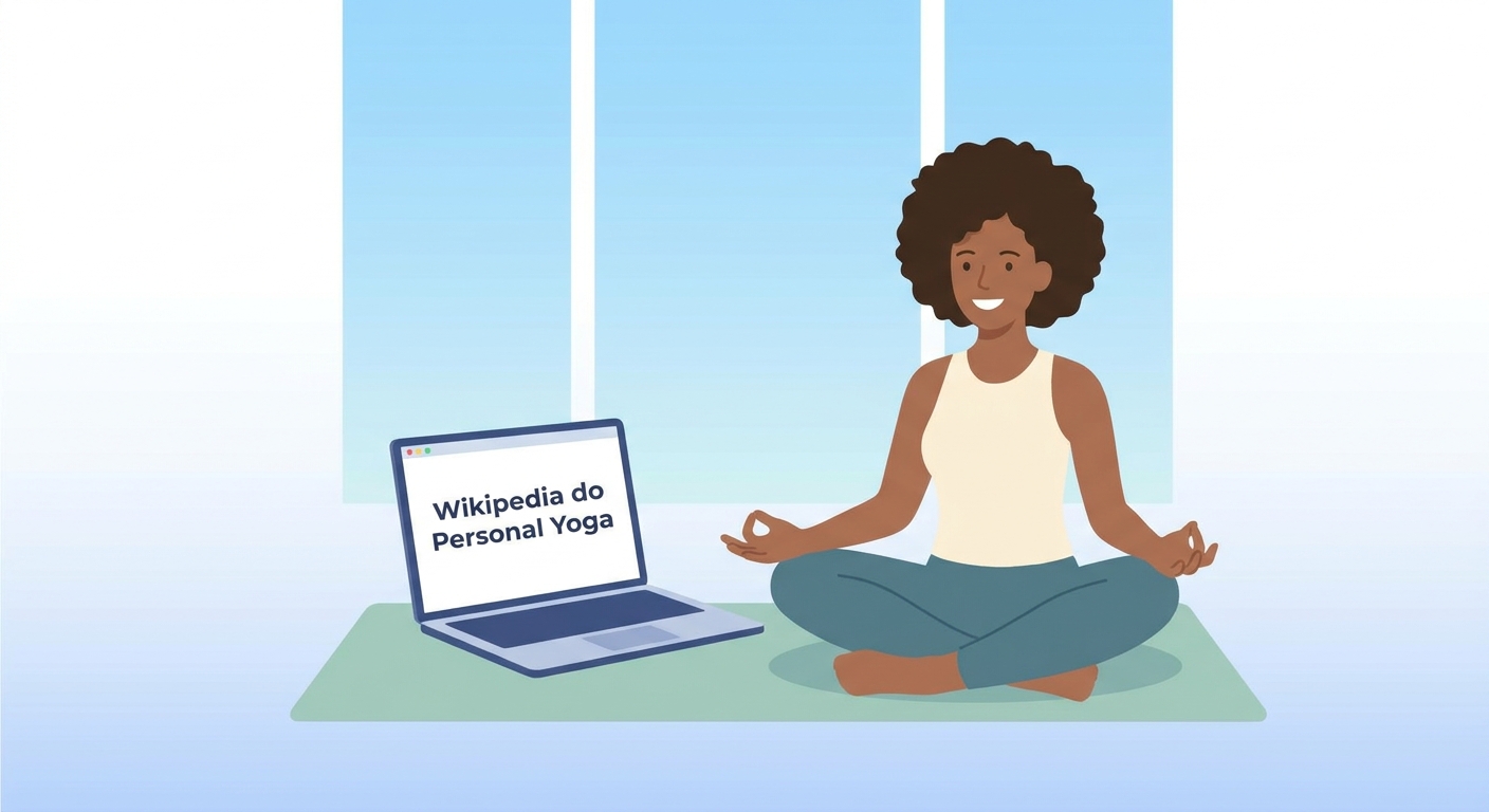 Professora de yoga online explicando conceitos em seu laptop com tapete de yoga e céu azul ao fundo