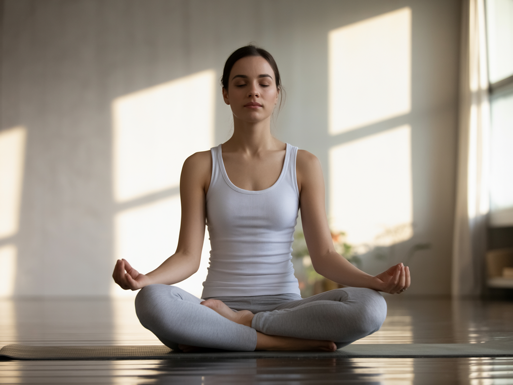 Woman practicing yoga and meditation in a peaceful setting, illustrating the core health benefits.