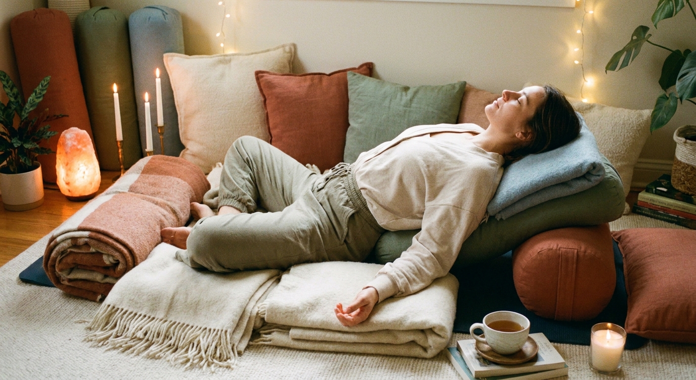 Praticante de Yin Yoga em postura relaxante e passiva, ideal para combater estresse e ansiedade