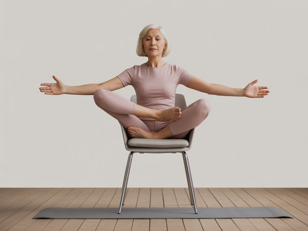 Senhora sorrindo enquanto pratica yoga adaptada na cadeira, um exercício suave e seguro para idosos.
