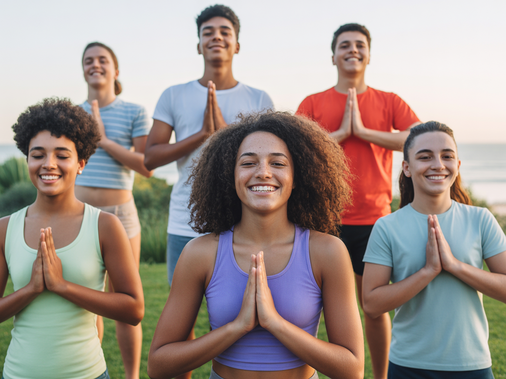 Grupo de adolescentes praticando yoga ao ar livre, demonstrando como o yoga para adolescentes melhora a autoestima.