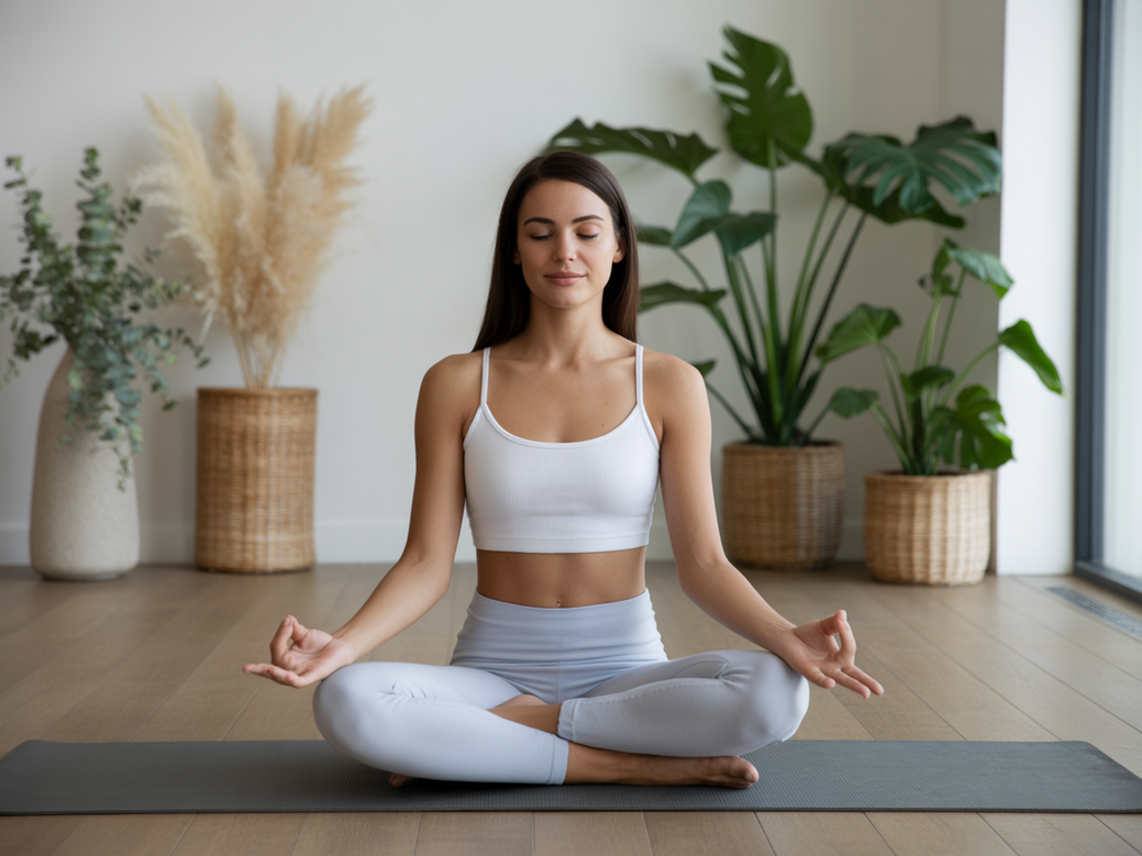 Mulher praticando yoga para ansiedade em um ambiente calmo, representando a filosofia e espiritualidade da prática com Vitalizen