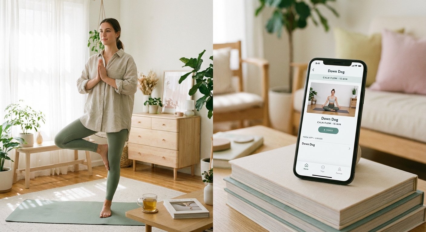 Jovem praticando yoga em casa usando app de yoga no celular