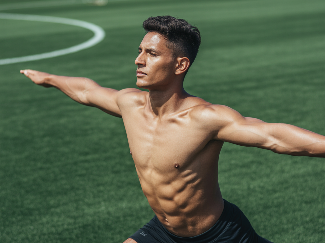 Atleta de futebol praticando a postura do guerreiro em um campo, demonstrando os benefícios do yoga para atletas.