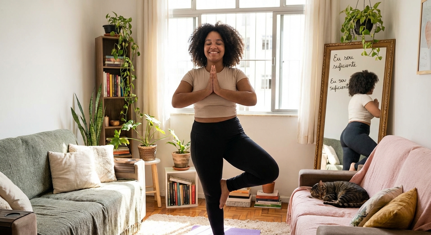 Adolescente praticando yoga para aumentar autoestima em casa, em ambiente acolhedor com luz natural
