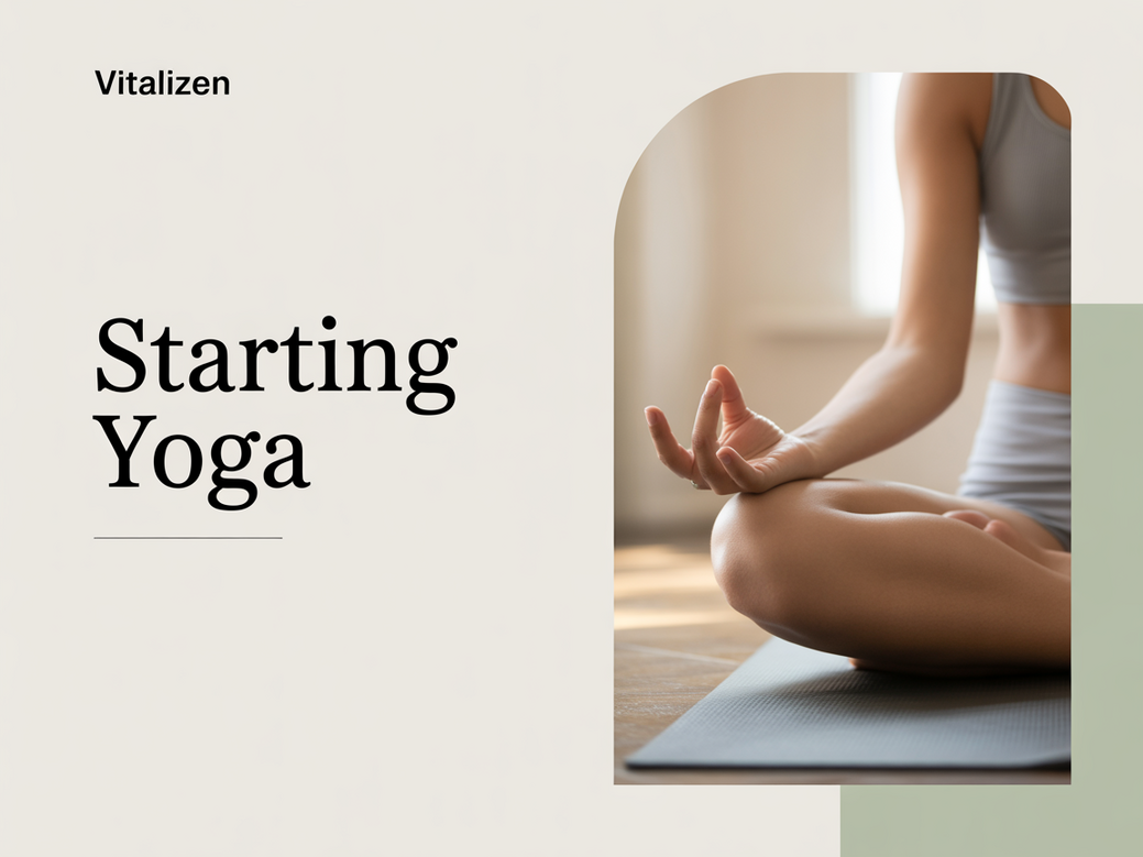 A woman starting her yoga for beginners practice in a bright, serene room, using the Vitalizen App.