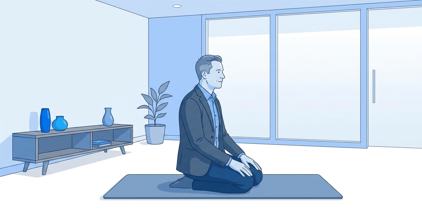 Executivo praticando yoga restaurativa para burnout em ambiente calmo - Vitalizen Yoga and Meditation