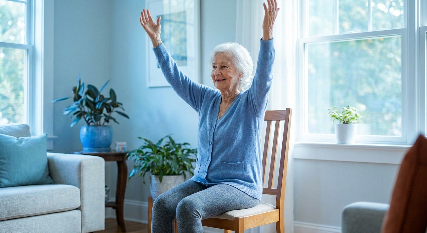 Idosa sorrindo praticando yoga na cadeira com luz natural e serenidade