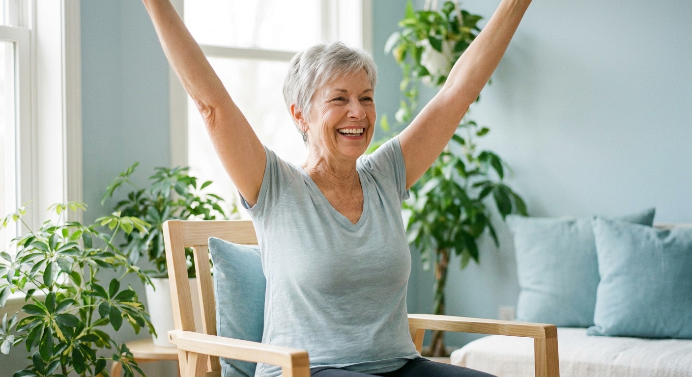 Yoga na cadeira para idosos: senhora sorridente praticando chair yoga com braços elevados em ambiente claro e acolhedor