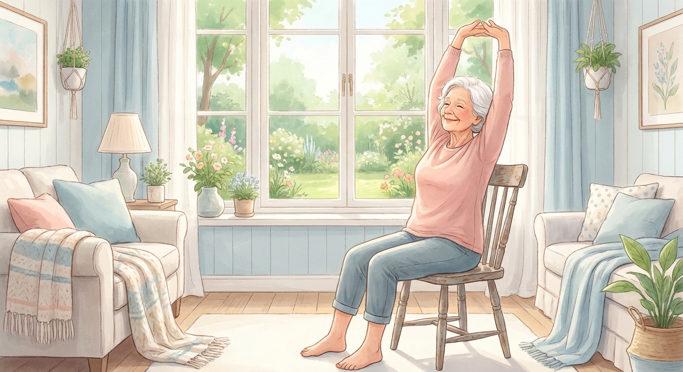 Idosa sorridente praticando yoga na cadeira para idosa ativa em ambiente iluminado e acolhedor