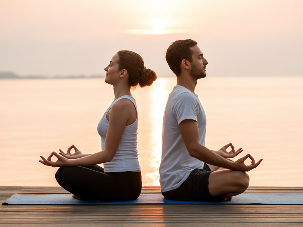 Casal praticando yoga para casais em um ambiente tranquilo, demonstrando conexão e harmonia.