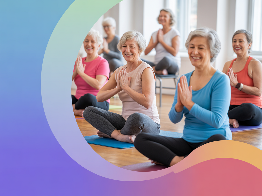 Grupo de idosas ativas praticando yoga em comunidade para melhorar a mobilidade e o bem-estar.