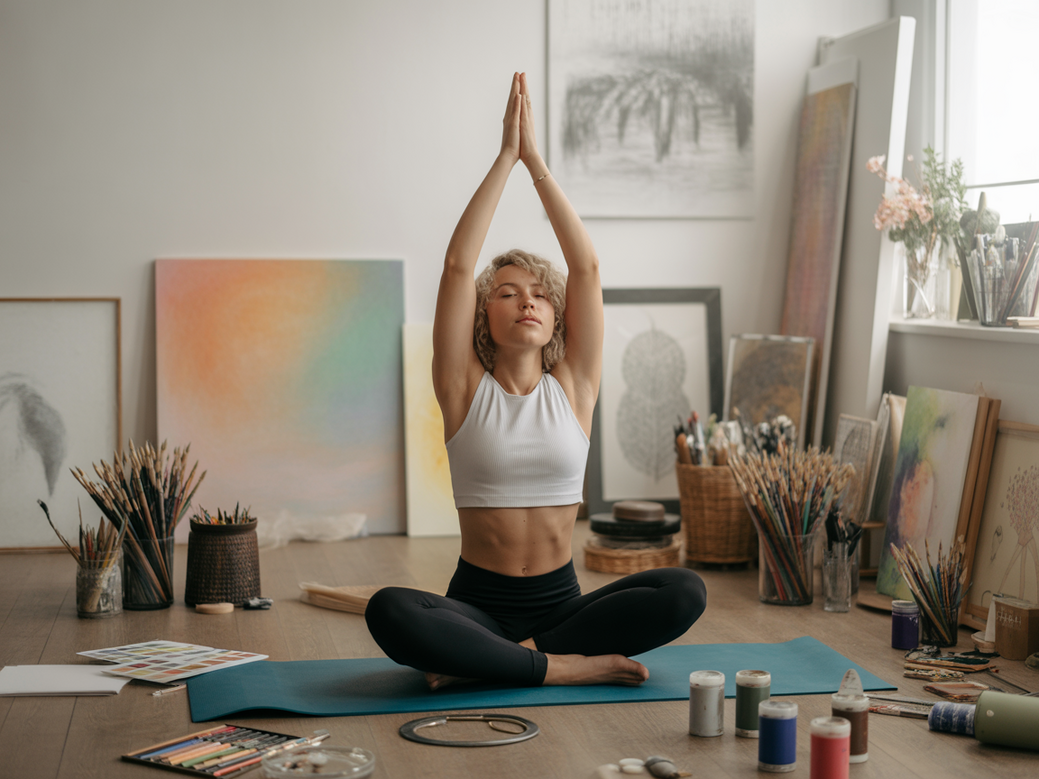 Artista praticando yoga para criatividade em um estúdio iluminado, buscando inspiração.