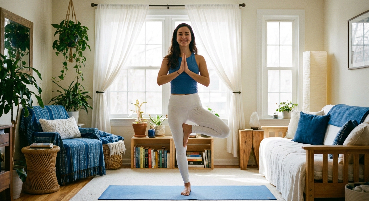 Jovem praticando yoga em casa com luz natural, bem-estar e equilíbrio