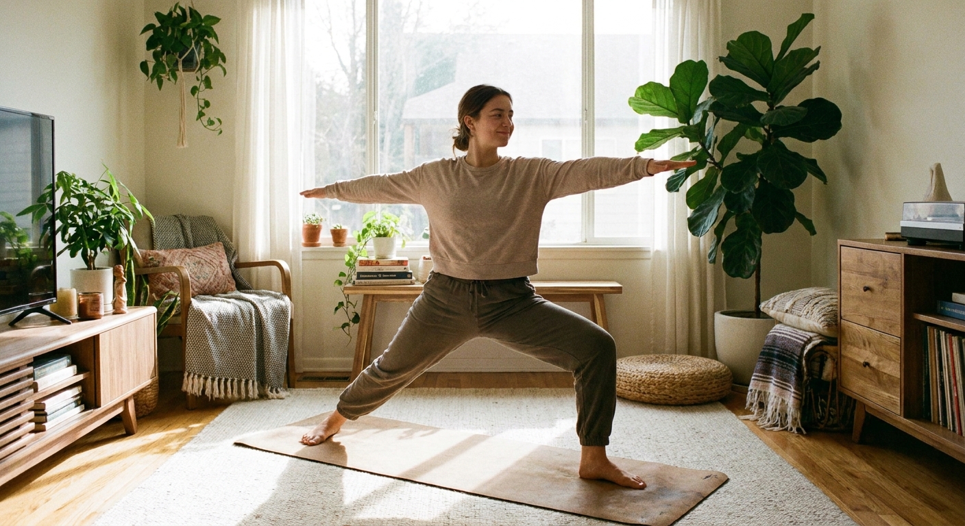 yoga em casa para iniciantes - pessoa praticando yoga na sala de casa