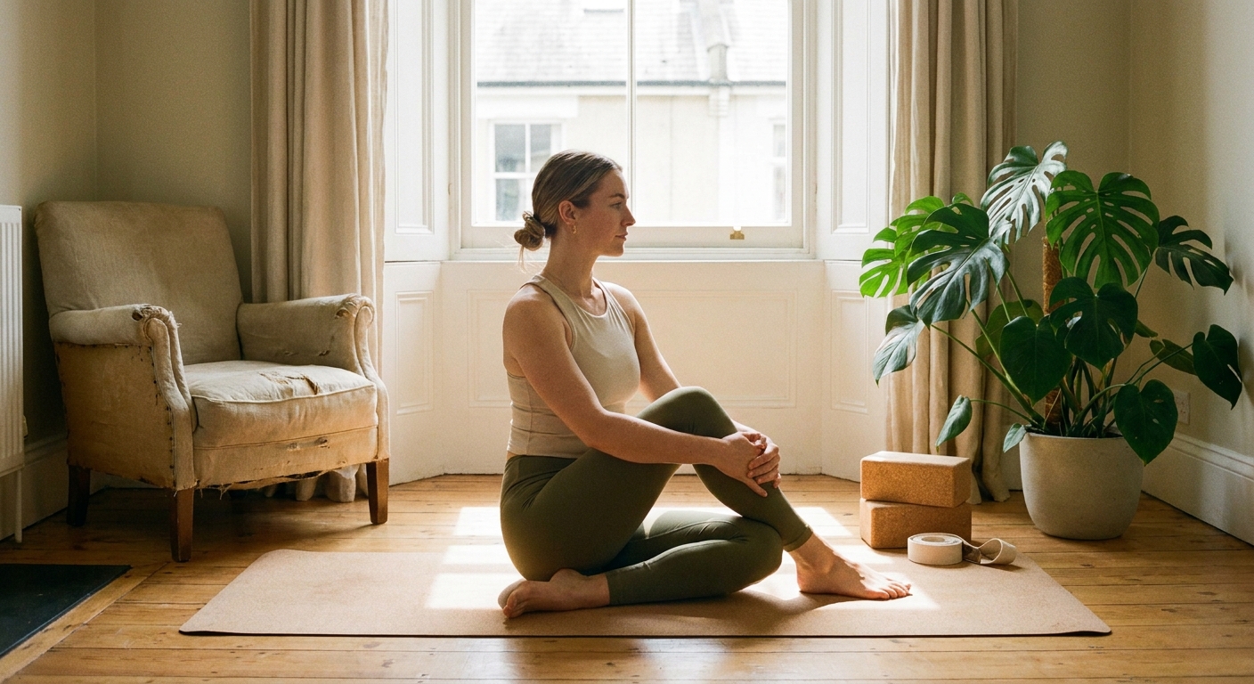 Instrutor de yoga em casa com equipamentos simples, luz natural e ambiente acolhedor