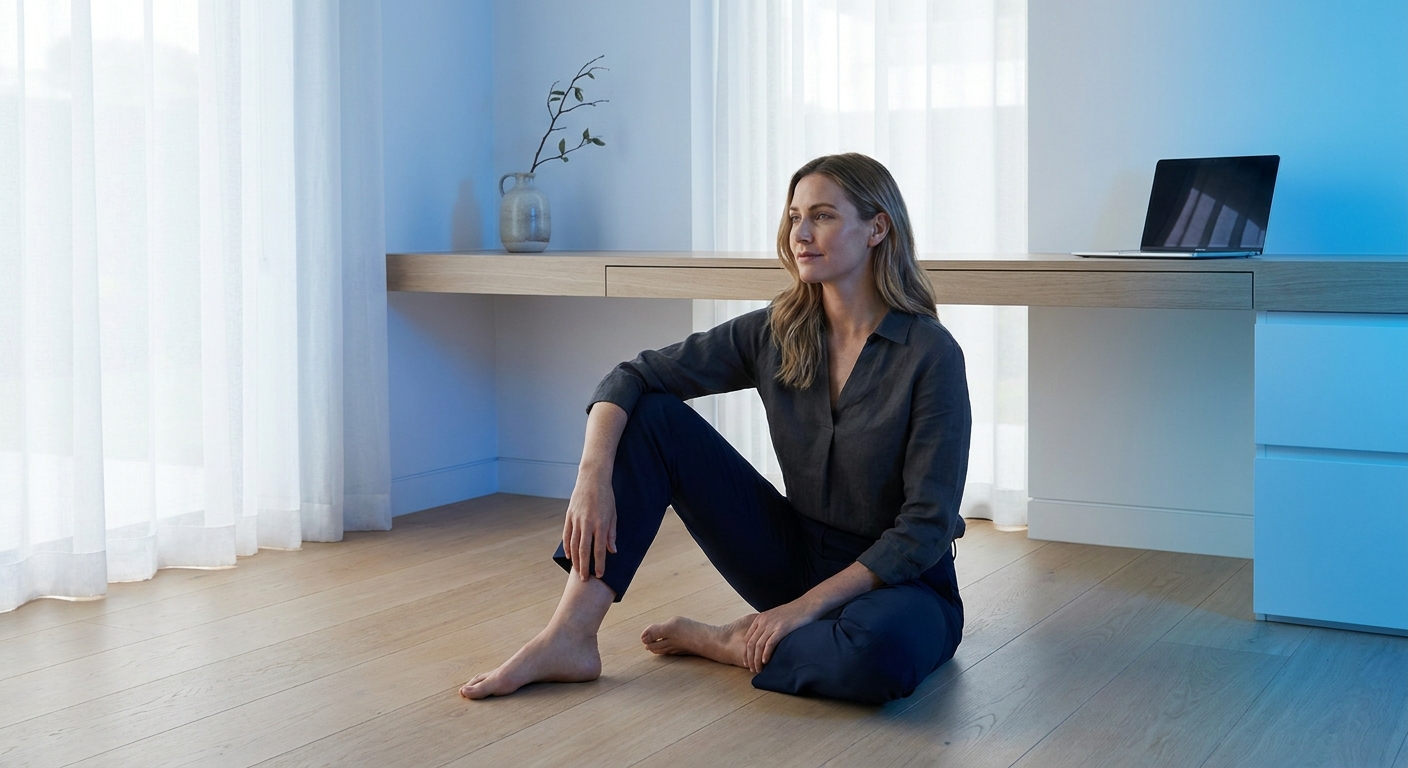 Yoga para empreendedoras de moda e estética — mulher em postura de yoga em ambiente clean e sofisticado com notebook ao fundo