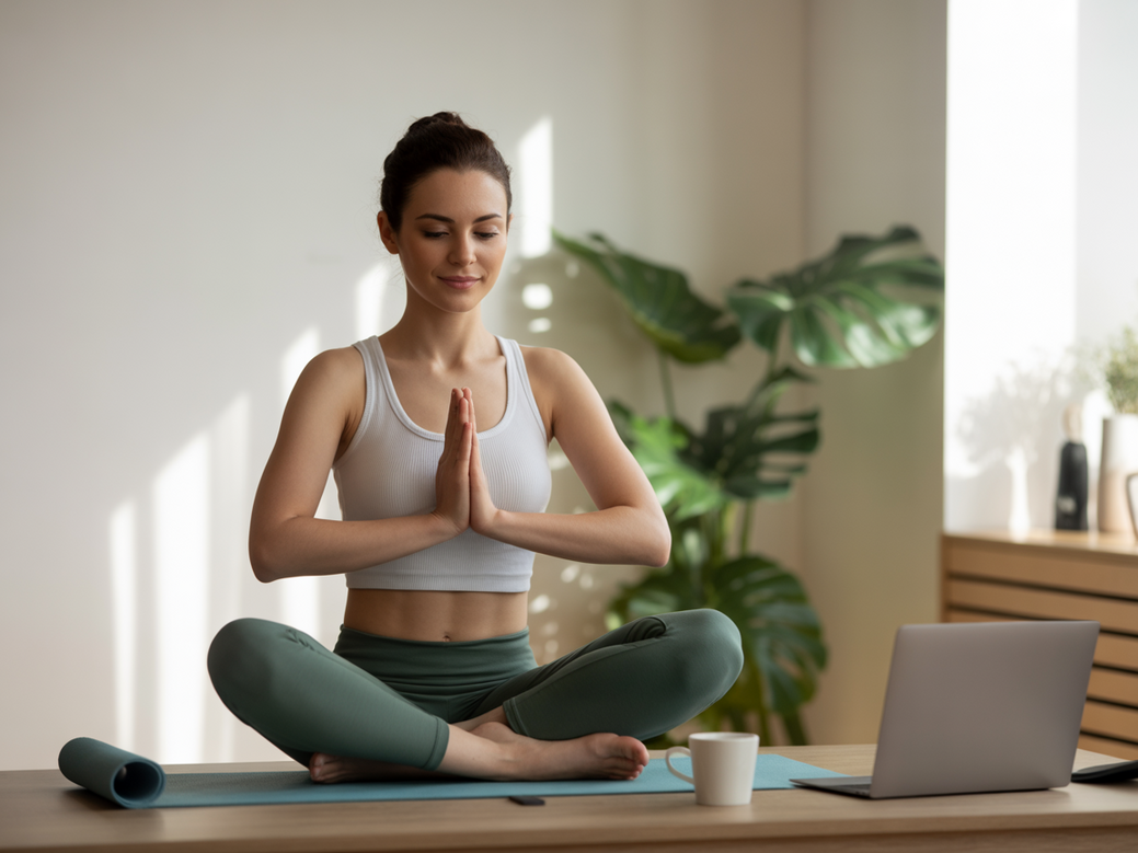 Yoga para empreendedoras: mulher praticando yoga ao lado de sua mesa de trabalho com um laptop, demonstrando o equilíbrio entre bem-estar e produtividade.