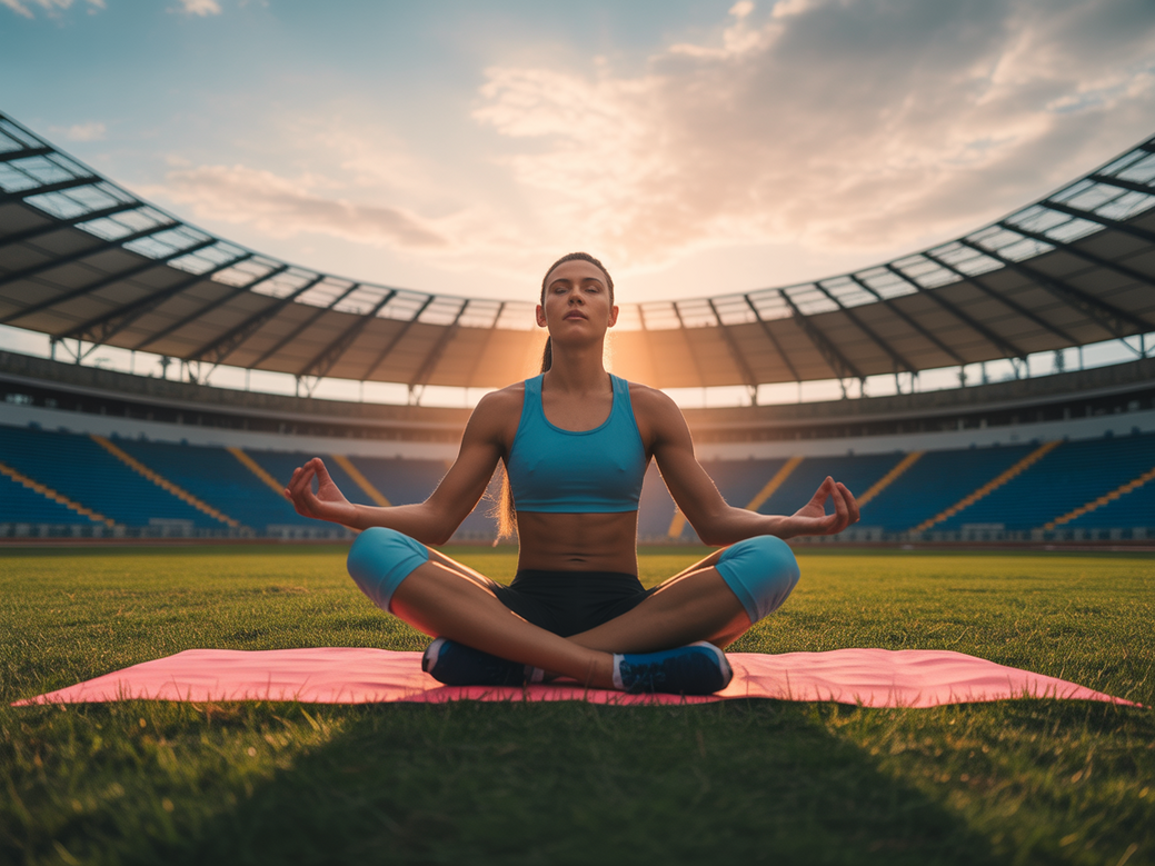 Atleta de elite pratica yoga para atletas em um estádio, simbolizando a vantagem mental e o foco competitivo no esporte.