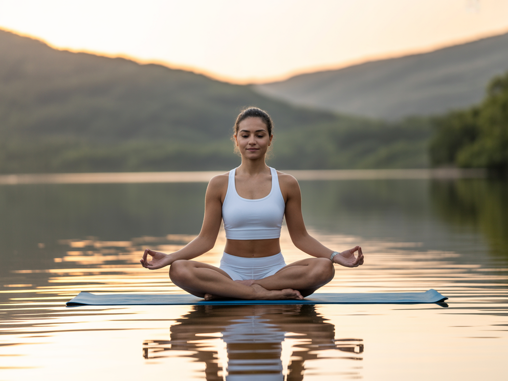 Mulher praticando yoga em um ambiente sereno, simbolizando a cura emocional e a paz encontradas no yoga para luto.