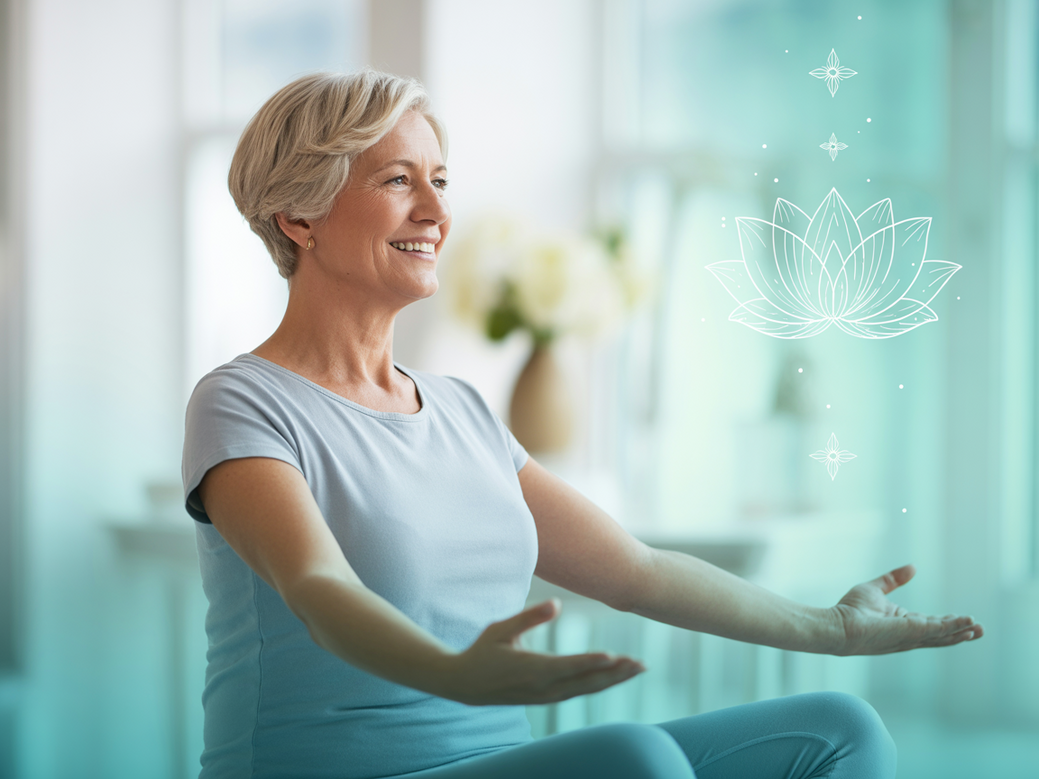 Idosa sorridente praticando yoga na cadeira, demonstrando a acessibilidade do yoga espiritualidade terceira idade.