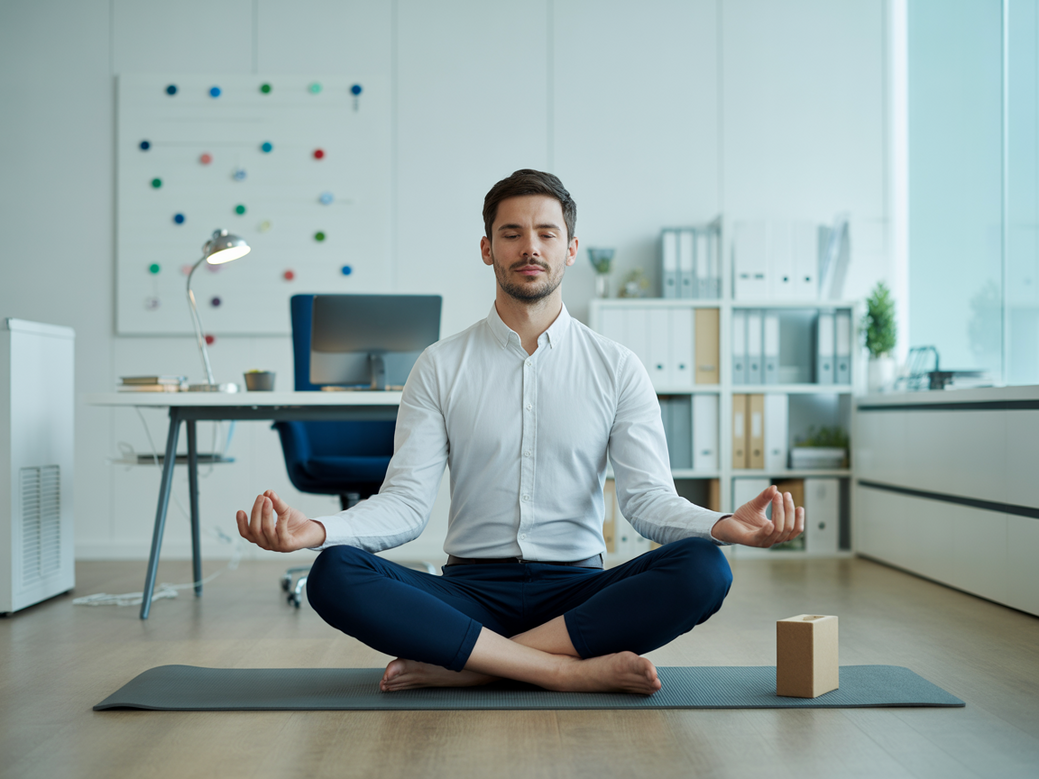 Executivo praticando yoga em ambiente corporativo para combater o burnout, uma técnica de movimento corporal para recuperação.