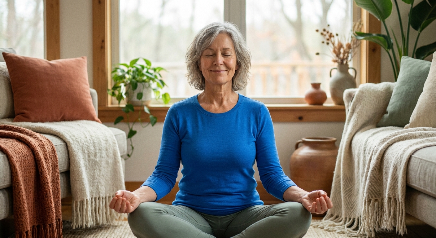 Mulher praticando yoga na menopausa