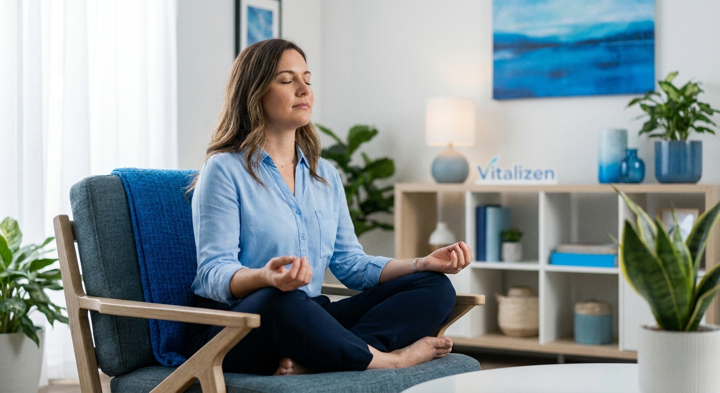 Profissional de saúde mental praticando yoga em consultório, representando a união entre yoga e psicoterapia