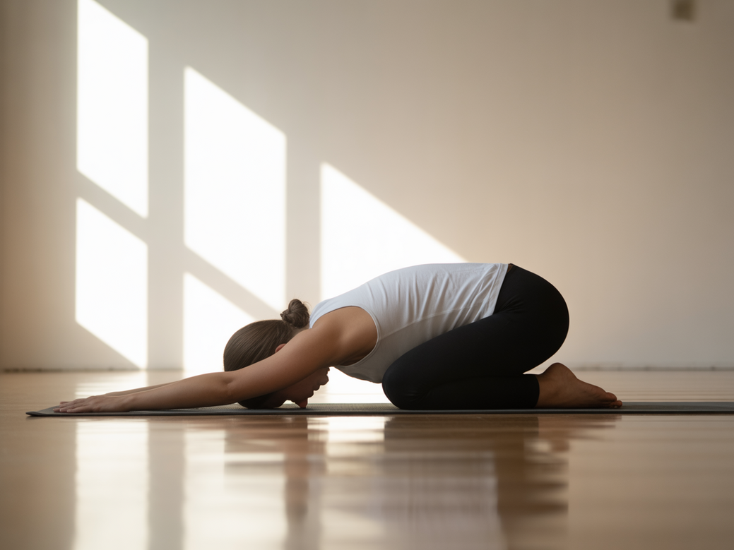 Beginner starting yoga with a foundational pose in a bright, calm studio to start their practice.