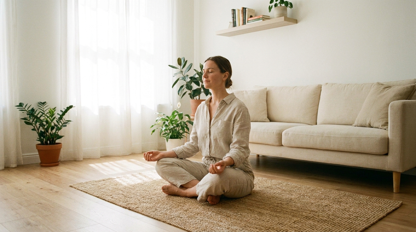 Woman practicing yoga for beginners in mountain pose on a mat in bright studio