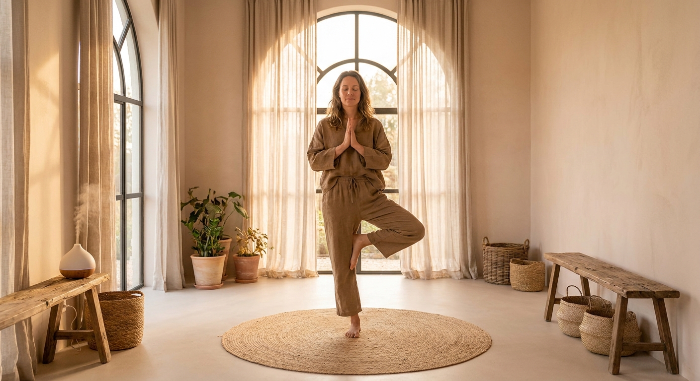 Woman practicing yoga for stress relief in a peaceful sunlit room