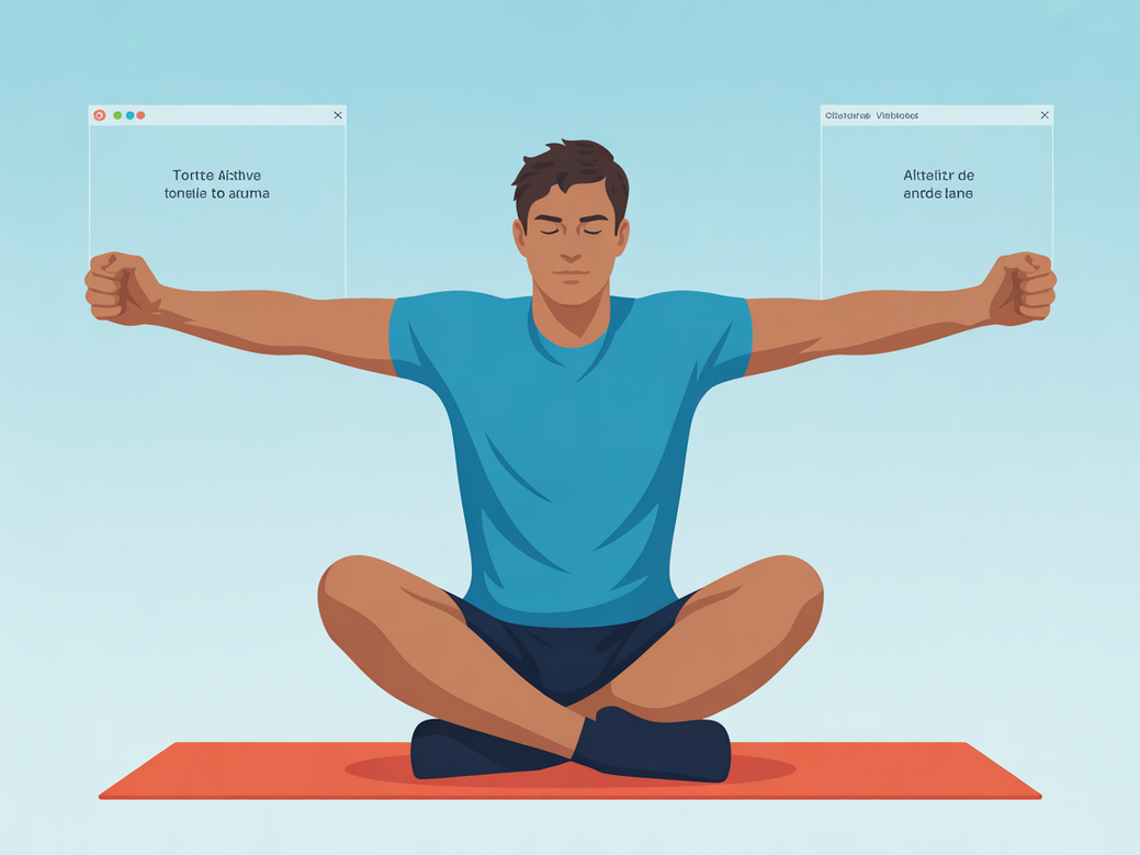 Infográfico de um jogador fazendo a postura de ioga 'Eagle Arms' para aliviar a tensão nos ombros, um exercício de yoga para gamers.