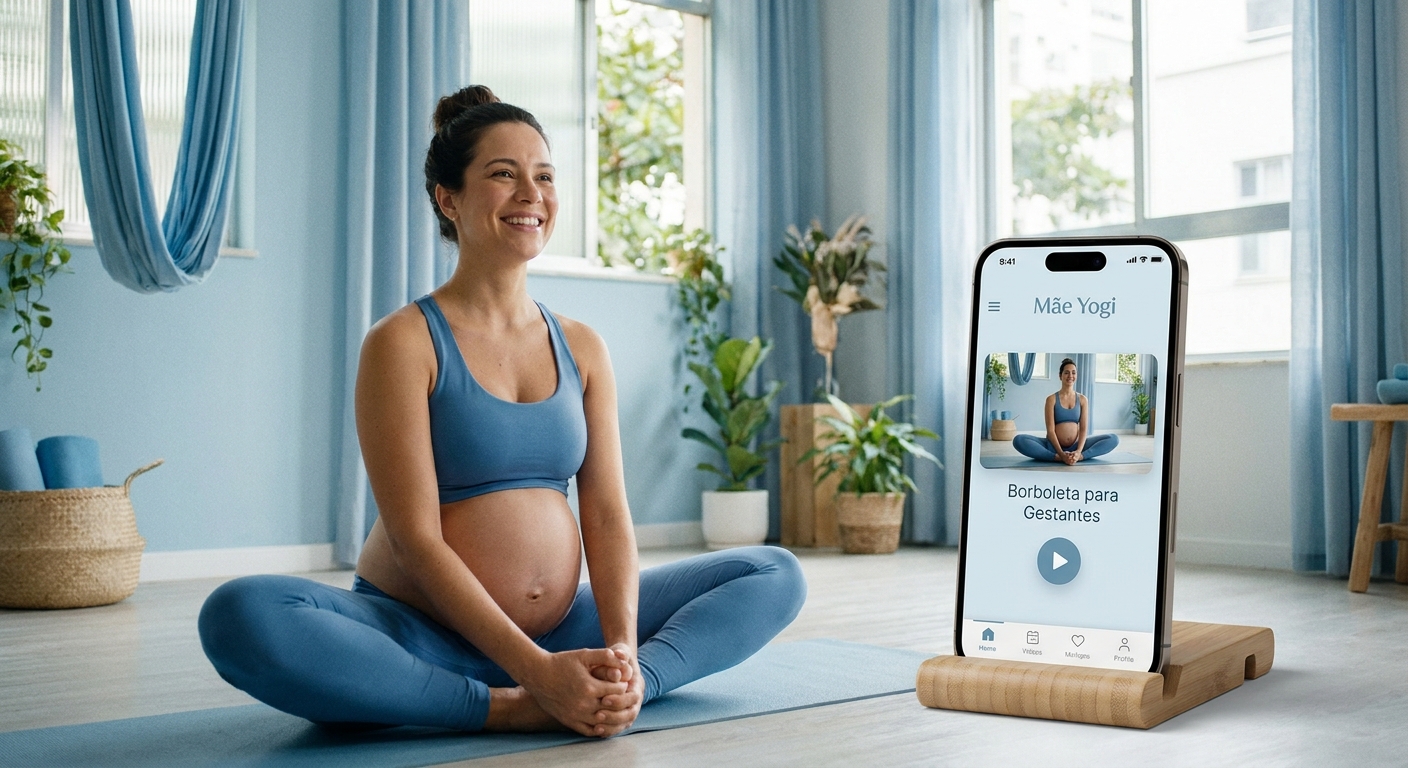 Yoga para gestantes: mulher grávida sorrindo em postura da borboleta com celular mostrando app Vitalizen